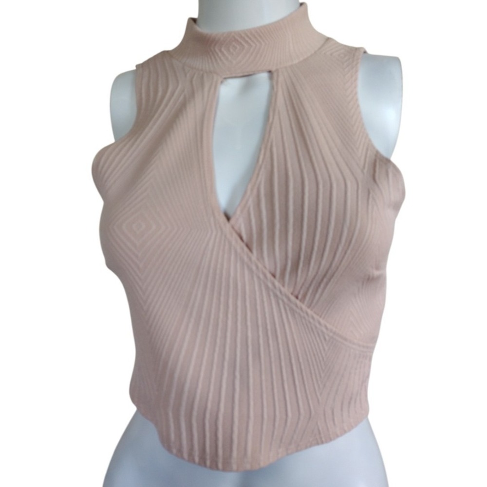 charlotte russe Top Woman's Small Beige‎ Mock Surplice Neck Key Hole Cropped